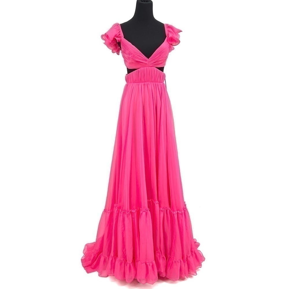 Mac Duggal Indy Chiffon Gown Maxi Backless Ruffles Pink Size 0 . X Small New - Picture 8 of 13